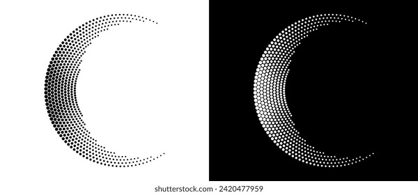 Modern abstract background. Halftone dots in circle form. Letter C like logo, icon or design element. Black dots on a white background and white dots on the black side.