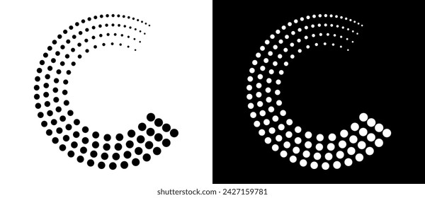 Modern abstract background. Halftone dots in circle form. Spiral logo, icon or design element. Black dots on a white background and white dots on the black side.