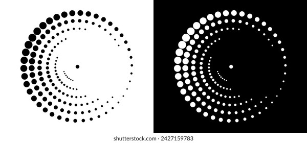 Fondo abstracto moderno. Puntos de semitonos en forma de círculo. Logo, icono o elemento de diseño en espiral. Puntos negros sobre un fondo blanco y puntos blancos sobre el lado negro.