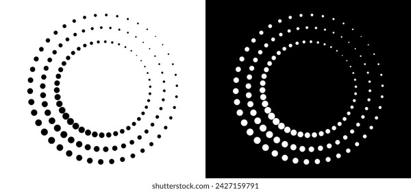 Modern abstract background. Halftone dots in circle form. Spiral logo, icon or design element. Black dots on a white background and white dots on the black side.