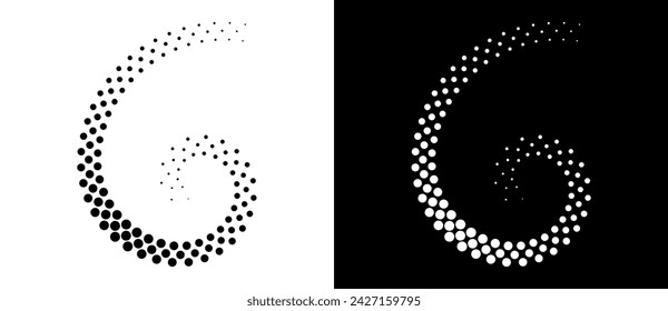 Modern abstract background. Halftone dots in circle form. Spiral logo, icon or design element. Black dots on a white background and white dots on the black side.