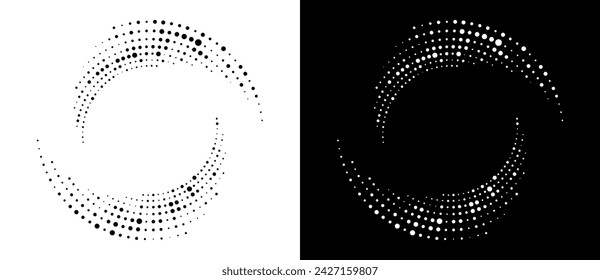 Moderner abstrakter Hintergrund. Halbtonpunkte in Kreisform. Spirallogo, Symbol oder Designelement. Schwarze Punkte auf weißem Hintergrund und weiße Punkte auf schwarzer Seite.