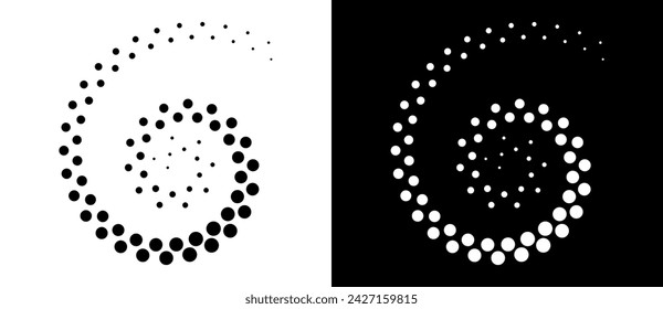 Modern abstract background. Halftone dots in circle form. Spiral logo, icon or design element. Black dots on a white background and white dots on the black side.