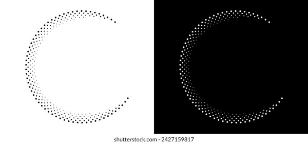 Modern abstract background. Halftone dots in circle form. Spiral logo, icon or design element. Black dots on a white background and white dots on the black side.