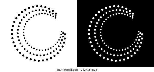 Modern abstract background. Halftone dots in circle form. Spiral logo, icon or design element. Black dots on a white background and white dots on the black side.