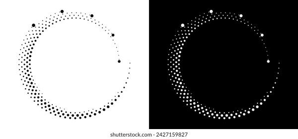 Fondo abstracto moderno. Puntos de semitonos en forma de círculo. Logo, icono o elemento de diseño en espiral. Puntos negros sobre un fondo blanco y puntos blancos sobre el lado negro.