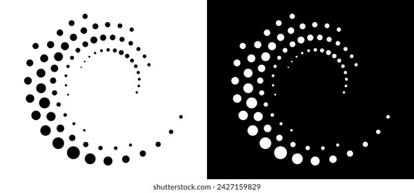 Modern abstract background. Halftone dots in circle form. Spiral logo, icon or design element. Black dots on a white background and white dots on the black side.