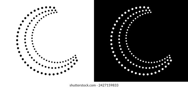 Modern abstract background. Halftone dots in circle form. Spiral logo, icon or design element. Black dots on a white background and white dots on the black side.