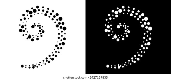 Fondo abstracto moderno. Puntos de semitonos en forma de círculo. Logo, icono o elemento de diseño en espiral. Puntos negros sobre un fondo blanco y puntos blancos sobre el lado negro.