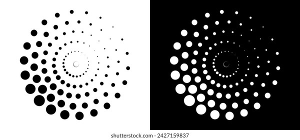 Modern abstract background. Halftone dots in circle form. Spiral logo, icon or design element. Black dots on a white background and white dots on the black side.