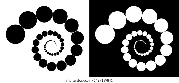 Moderner abstrakter Hintergrund. Halbtonpunkte in Kreisform. Spirallogo, Symbol oder Designelement. Schwarze Punkte auf weißem Hintergrund und weiße Punkte auf schwarzer Seite.