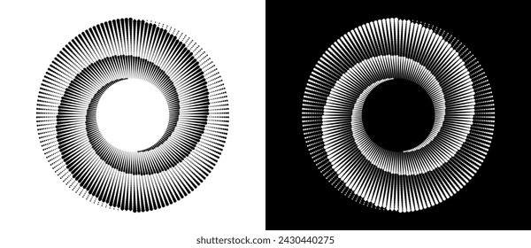 Fondo abstracto moderno. Puntos de semitonos en forma de círculo. Logotipo redondo. Marco de puntos vectoriales. Elemento de diseño o icono. Forma negra sobre fondo blanco y la misma forma blanca en el lado negro.
