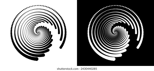 Modern abstract background. Halftone dots in circle form. Round logo. Vector dotted frame. Design element or icon. Black shape on a white background and the same white shape on the black side.