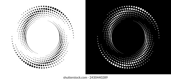 Modern abstract background. Halftone dots in circle form. Round logo. Vector dotted frame. Design element or icon. Black shape on a white background and the same white shape on the black side.