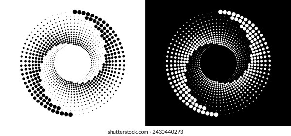 Modern abstract background. Halftone dots in circle form. Round logo. Vector dotted frame. Design element or icon. Black shape on a white background and the same white shape on the black side.