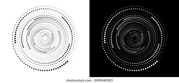 Modern abstract background. Halftone dots in circle form. Round logo. Vector dotted frame. Design element or icon. Black shape on a white background and the same white shape on the black side.