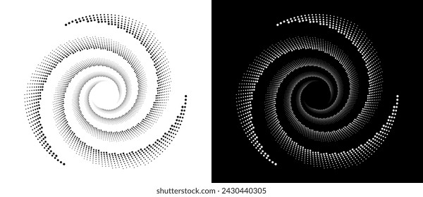 Modern abstract background. Halftone dots in circle form. Round logo. Vector dotted frame. Design element or icon. Black shape on a white background and the same white shape on the black side.