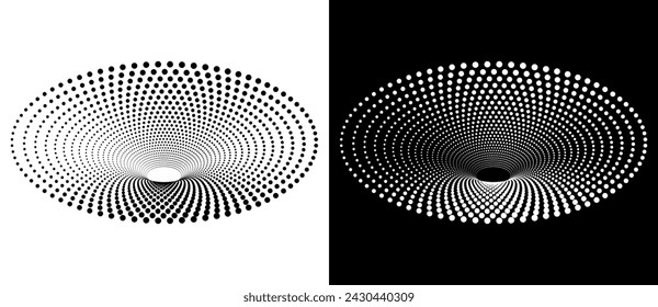 Modern abstract background. Halftone dots in circle form. Round logo. Vector dotted frame. Design element or icon. Black shape on a white background and the same white shape on the black side.