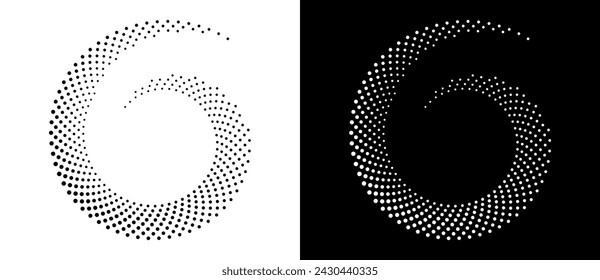 Modern abstract background. Halftone dots in circle form. Round logo. Vector dotted frame. Design element or icon. Black shape on a white background and the same white shape on the black side.