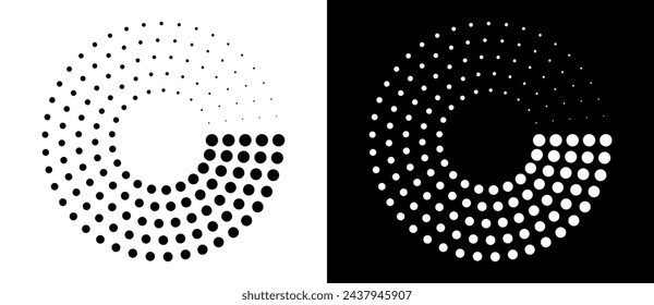 Modern abstract background. Halftone dots in circle form. Spiral logo, icon or design element. Black dots on a white background and white dots on the black side.