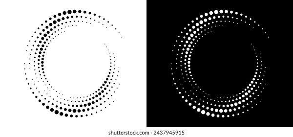 Modern abstract background. Halftone dots in circle form. Spiral logo, icon or design element. Black dots on a white background and white dots on the black side.