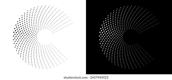 Fondo abstracto moderno. Puntos de semitonos en forma de círculo. Logo, icono o elemento de diseño en espiral. Puntos negros sobre un fondo blanco y puntos blancos sobre el lado negro.