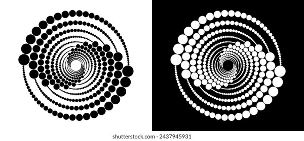 Modern abstract background. Halftone dots in circle form. Spiral logo, icon or design element. Black dots on a white background and white dots on the black side.