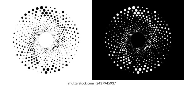 Modern abstract background. Halftone dots in circle form. Spiral logo, icon or design element. Black dots on a white background and white dots on the black side.