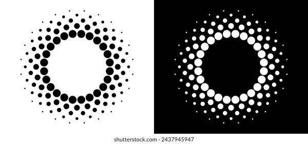 Modern abstract background. Halftone dots in circle form. Spiral logo, icon or design element. Black dots on a white background and white dots on the black side.