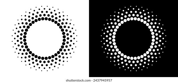 Modern abstract background. Halftone dots in circle form. Spiral logo, icon or design element. Black dots on a white background and white dots on the black side.