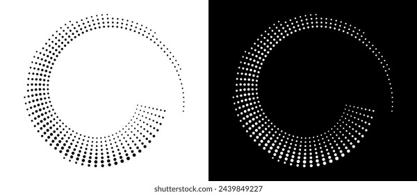 Modern abstract background. Halftone dots in circle form. Round logo. Vector dotted frame. Design element or icon. Black shape on a white background and the same white shape on the black side.