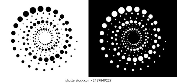 Modern abstract background. Halftone dots in circle form. Round logo. Vector dotted frame. Design element or icon. Black shape on a white background and the same white shape on the black side.