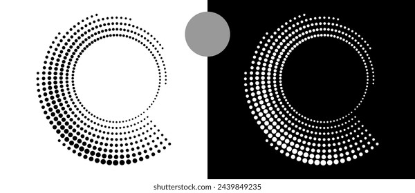 Modern abstract background. Halftone dots in circle form. Round logo. Vector dotted frame. Design element or icon. Black shape on a white background and the same white shape on the black side.
