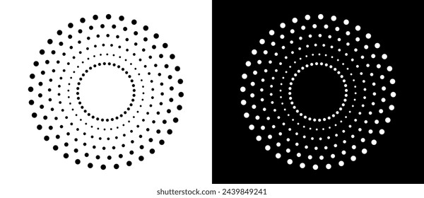 Modern abstract background. Halftone dots in circle form. Round logo. Vector dotted frame. Design element or icon. Black shape on a white background and the same white shape on the black side.