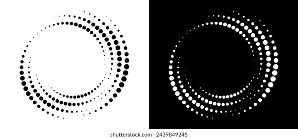 Modern abstract background. Halftone dots in circle form. Round logo. Vector dotted frame. Design element or icon. Black shape on a white background and the same white shape on the black side.