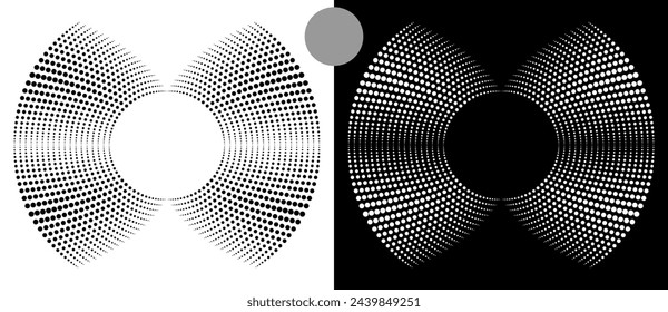 Modern abstract background. Halftone dots in circle form. Round logo. Vector dotted frame. Design element or icon. Black shape on a white background and the same white shape on the black side.