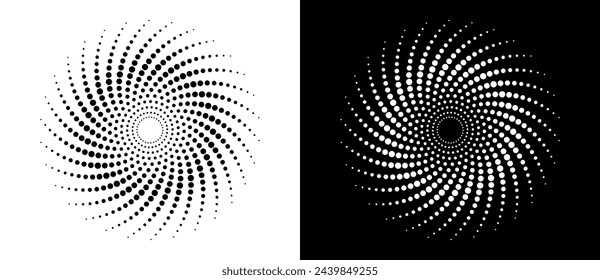 Modern abstract background. Halftone dots in circle form. Round logo. Vector dotted frame. Design element or icon. Black shape on a white background and the same white shape on the black side.