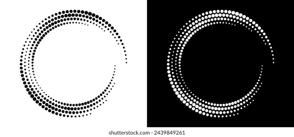 Fondo abstracto moderno. Puntos de semitonos en forma de círculo. Logotipo redondo. Marco de puntos vectoriales. Elemento de diseño o icono. Forma negra sobre fondo blanco y la misma forma blanca en el lado negro.