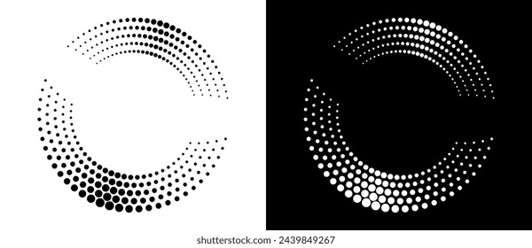 Modern abstract background. Halftone dots in circle form. Round logo. Vector dotted frame. Design element or icon. Black shape on a white background and the same white shape on the black side.