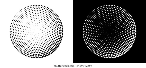 Modern abstract background. Halftone dots in circle form. Round logo. Vector dotted frame. Design element or icon. Black shape on a white background and the same white shape on the black side.