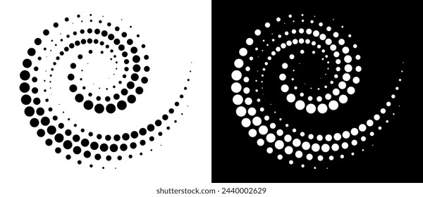 Modern abstract background. Halftone dots in spiral. Round logo, design element or icon. A black figure on a white background and an equally white figure on the black side.