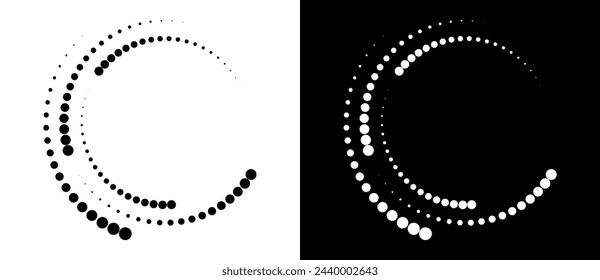 Modern abstract background. Halftone dots in spiral. Round logo, design element or icon. A black figure on a white background and an equally white figure on the black side.