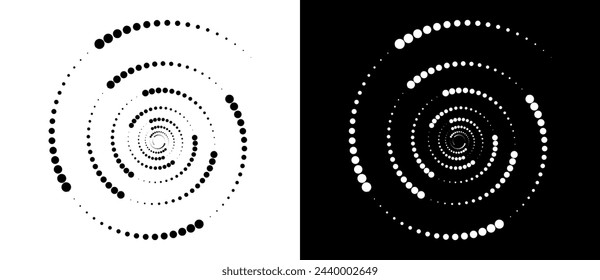 Modern abstract background. Halftone dots in spiral. Round logo, design element or icon. A black figure on a white background and an equally white figure on the black side.