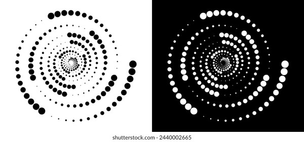 Fondo abstracto moderno. Puntos de semitonos en espiral. Logotipo redondo, elemento de diseño o icono. Una figura negra sobre fondo blanco y una figura igualmente blanca en el lado negro.