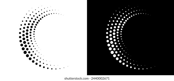 Fondo abstracto moderno. Puntos de semitonos en espiral. Logotipo redondo, elemento de diseño o icono. Una figura negra sobre fondo blanco y una figura igualmente blanca en el lado negro.