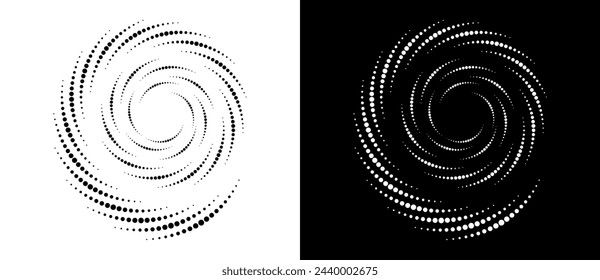 Modern abstract background. Halftone dots in spiral. Round logo, design element or icon. A black figure on a white background and an equally white figure on the black side.