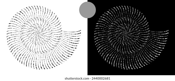 Fondo abstracto moderno. Puntos de semitonos en espiral. Logotipo redondo, elemento de diseño o icono. Una figura negra sobre fondo blanco y una figura igualmente blanca en el lado negro.