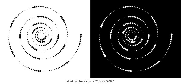 Modern abstract background. Halftone dots in spiral. Round logo, design element or icon. A black figure on a white background and an equally white figure on the black side.