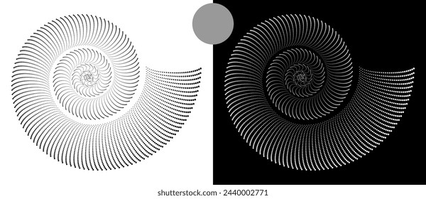 Modern abstract background. Halftone dots in spiral. Round logo, design element or icon. A black figure on a white background and an equally white figure on the black side.