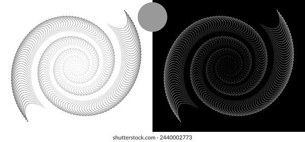 Modern abstract background. Halftone dots in spiral. Round logo, design element or icon. A black figure on a white background and an equally white figure on the black side.
